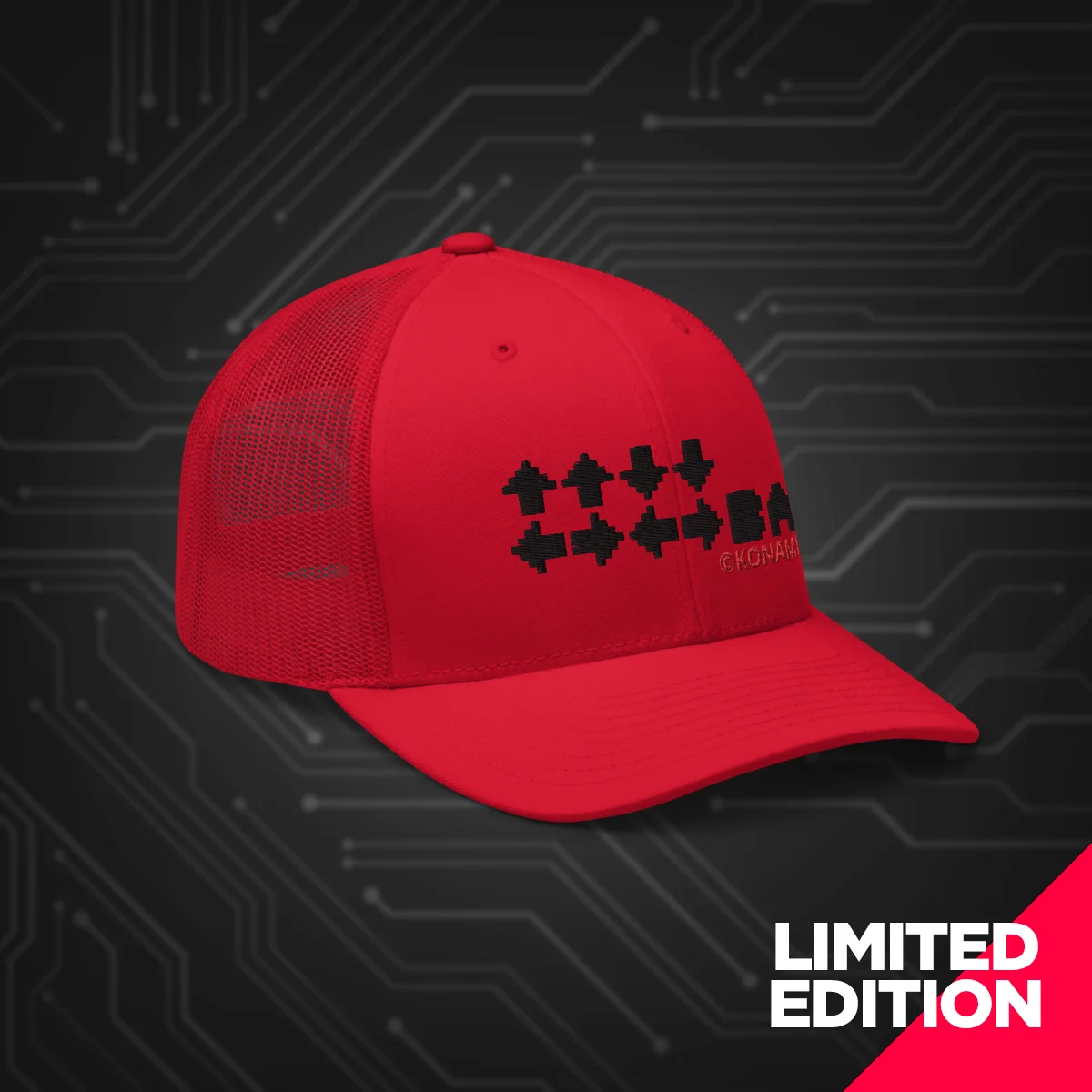 ↑↑↓↓←→←→BA Red Trucker Hat with Mesh Back