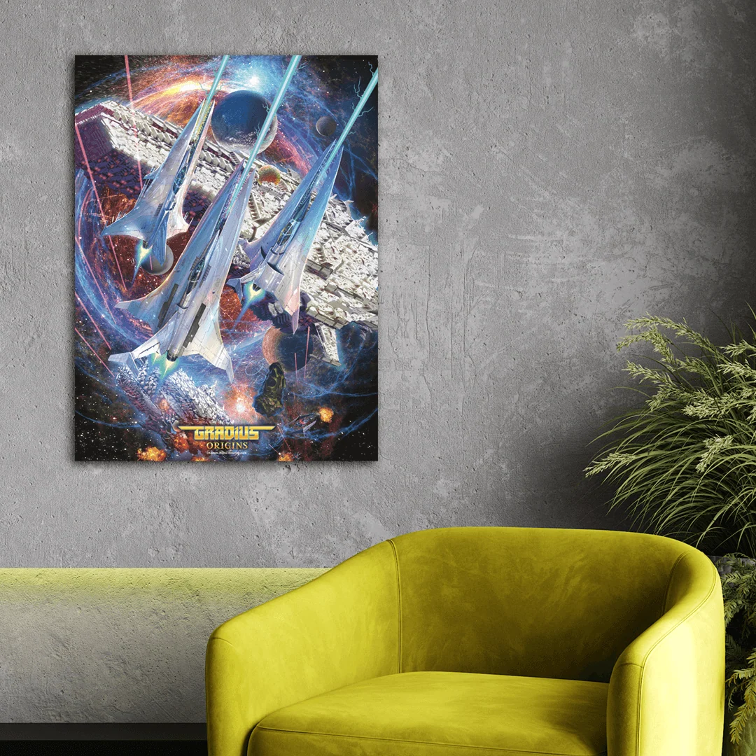 Plakat Gradius Origins z retro grafiką arcade