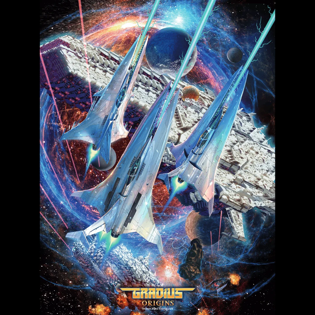 Plakat Gradius Origins z retro grafiką arcade
