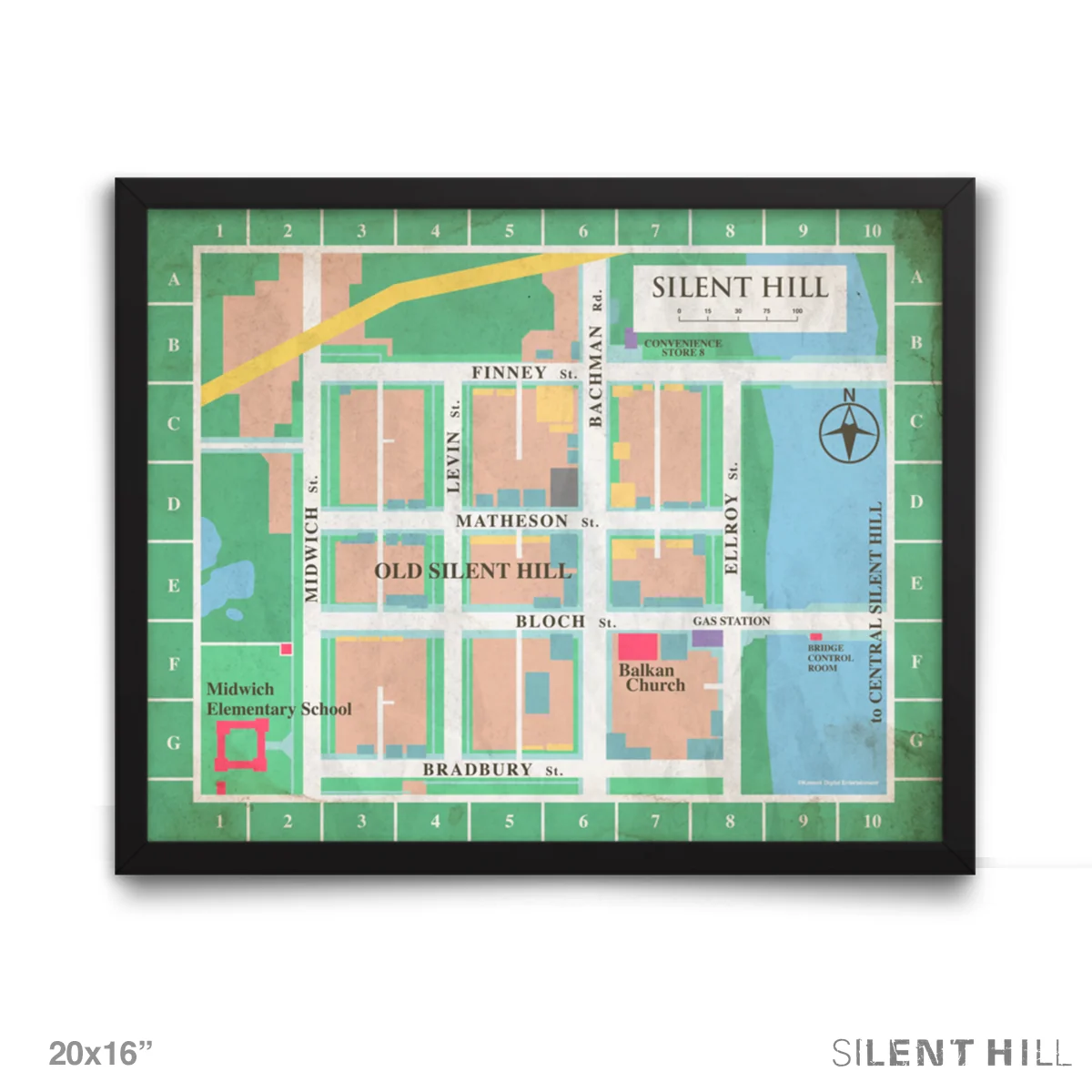 Old Silent Hill Map Framed Poster Art Print 20x16 Horizontal
