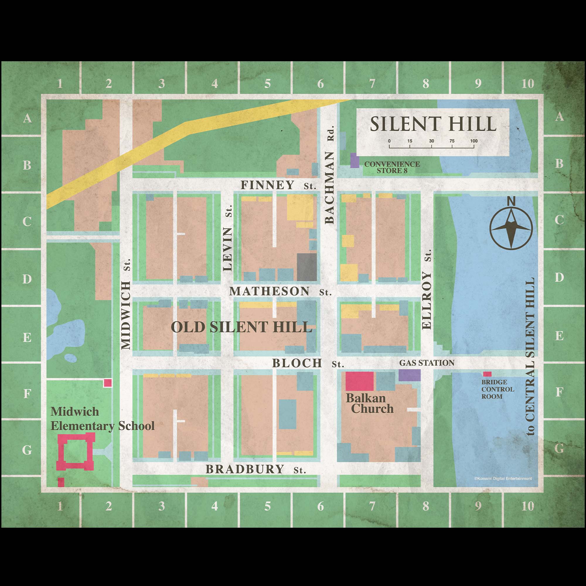 Póster enmarcado Old Silent Hill mapa 20x16 horizontal