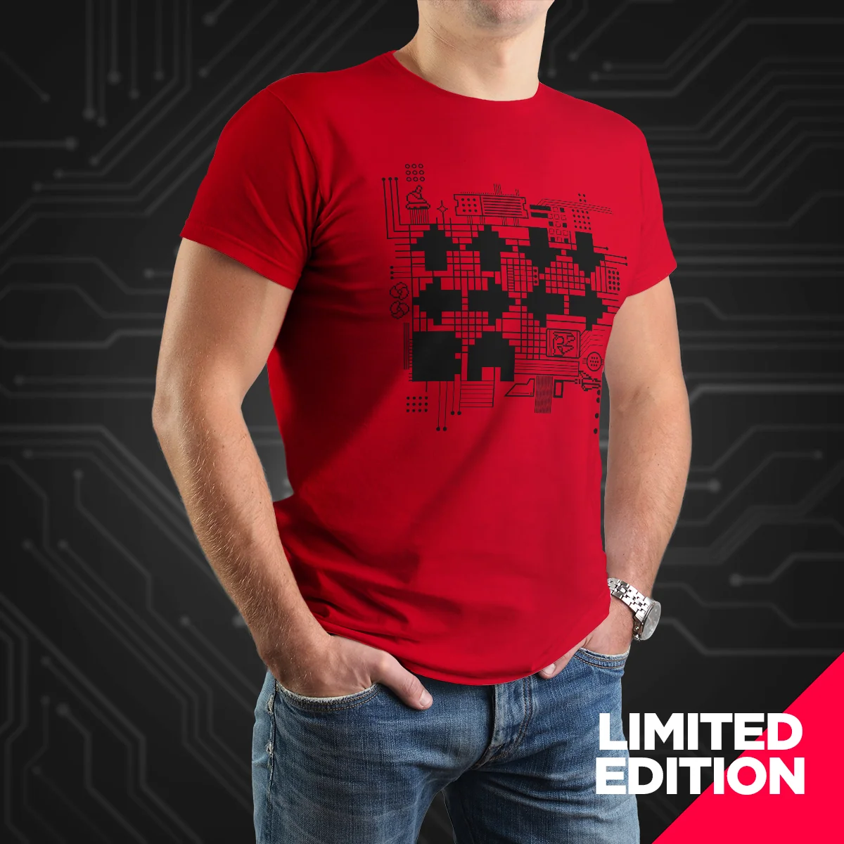 ↑↑↓↓←→←→BA (RED) T-shirt i kraftig bomuld
